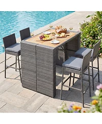 Sugift 5-Piece Patio Acacia Wood Bar Dining Set with 4 Pe Wicker Bar Stools