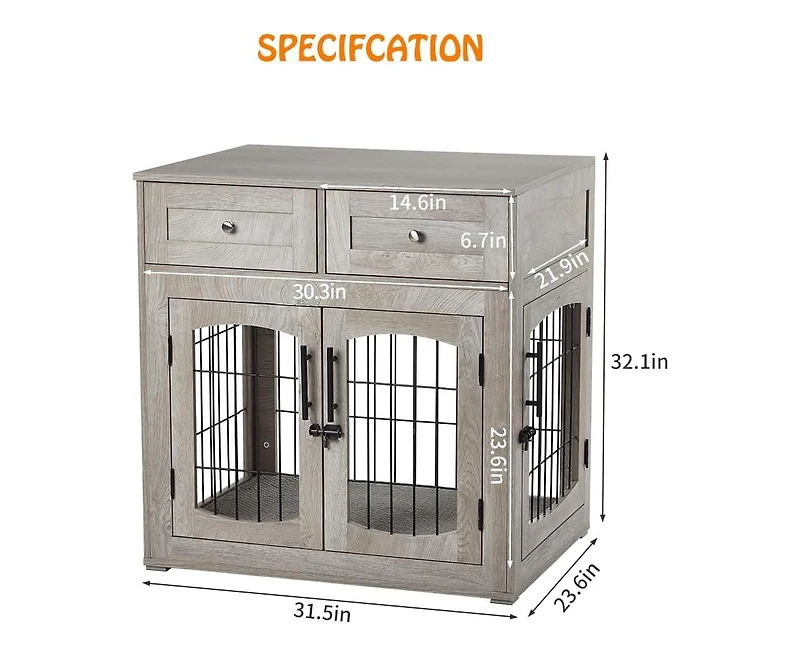 homfan og Crate Furniture with 2 Drawers and 3 Doors, Indoor Kennel End Table for Medium and Large Dogs, Rustic Modern Style