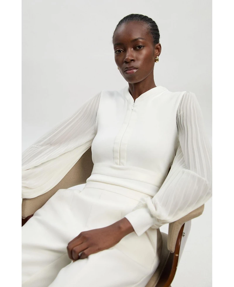 Karen Millen Women's Pleated Sleeve Zip-Neck Top