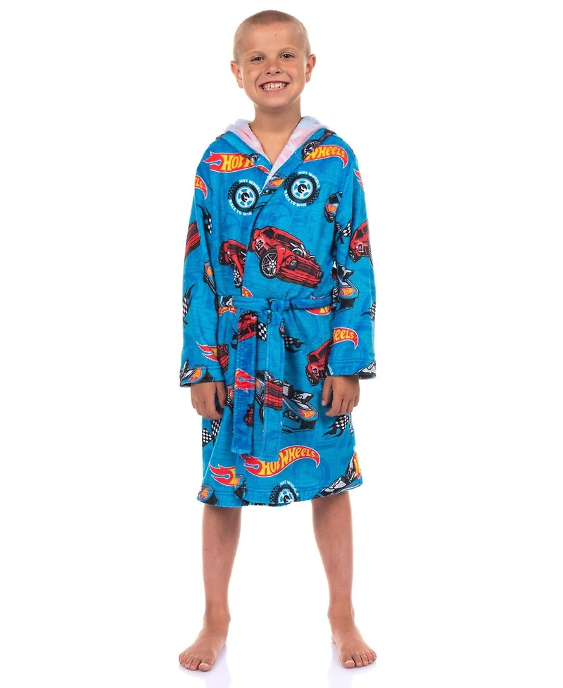 Hot Wheels Robe Boys' 4- 16 Kids Soft Fleece Hooded Bathrobe Front Tie-Closure Loungewear