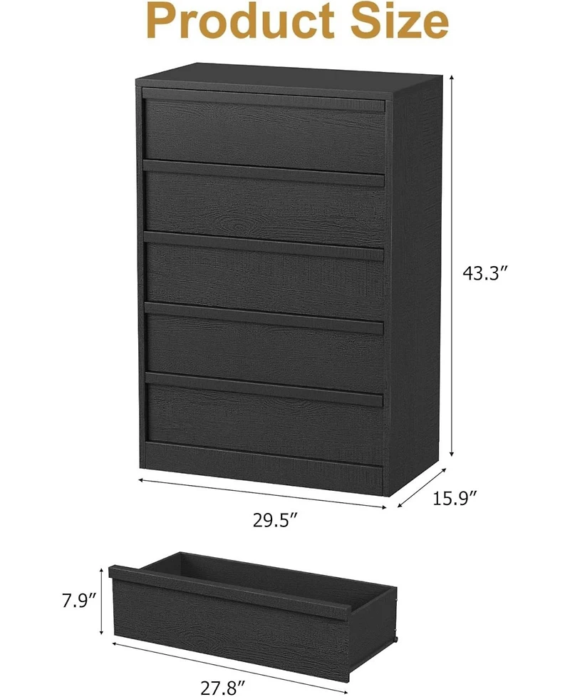 gaomon 5 Dresser for Bedroom, 43.3" Tall Dresser, Freestanding Horizontal Drawer with Storage, Wooden Closet Chest Storage for Living Room, Hallway