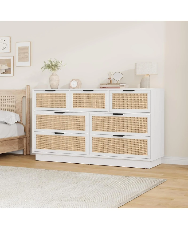 gaomon Farmhouse Rattan Tv Stand for Living Room, Entertainment Center with 7 Storage Drawer and Metal Handle