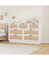 gaomon Farmhouse Rattan Tv Stand for Living Room, Entertainment Center with 7 Storage Drawer and Metal Handle