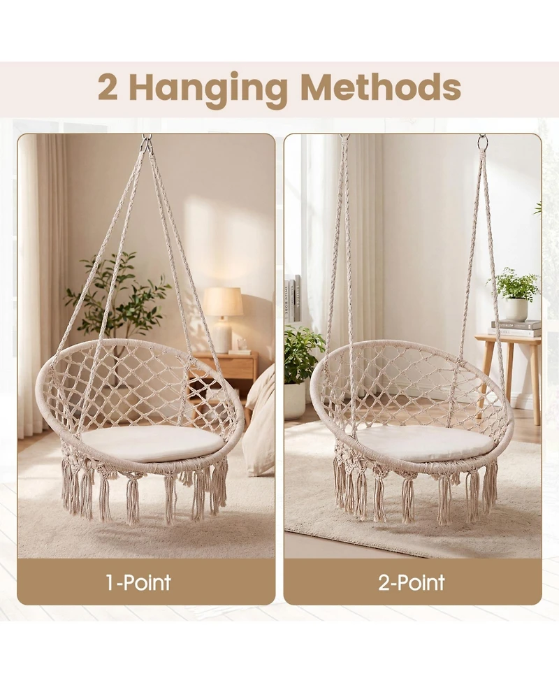 Sugift Macrame Hanging Swing Chair Hammock with Round Cushion and Foldable Frame
