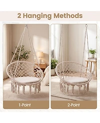 Sugift Macrame Hanging Swing Chair Hammock with Round Cushion and Foldable Frame