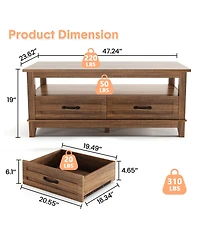 homfan Farmhouse Coffee Table with Drawers, 47.2" Center Table with Open Shelf, 6 Support Legs