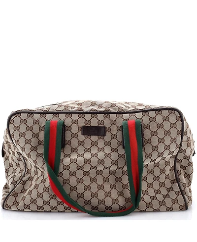 Pre-Owned Gucci Large Web Strap Side Snap Carry On Duffle Bag Gg Canvas