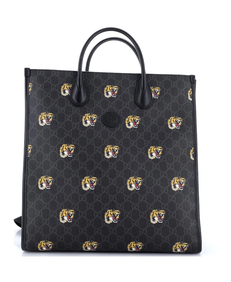 Pre-Owned Gucci Tall Interlocking G Patch Web Strap Convertible Tote Printed Gg Coated Canvas