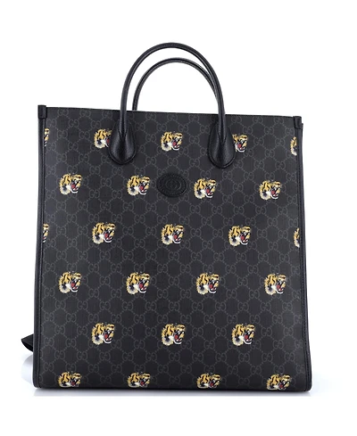 Pre-Owned Gucci Tall Interlocking G Patch Web Strap Convertible Tote Printed Gg Coated Canvas