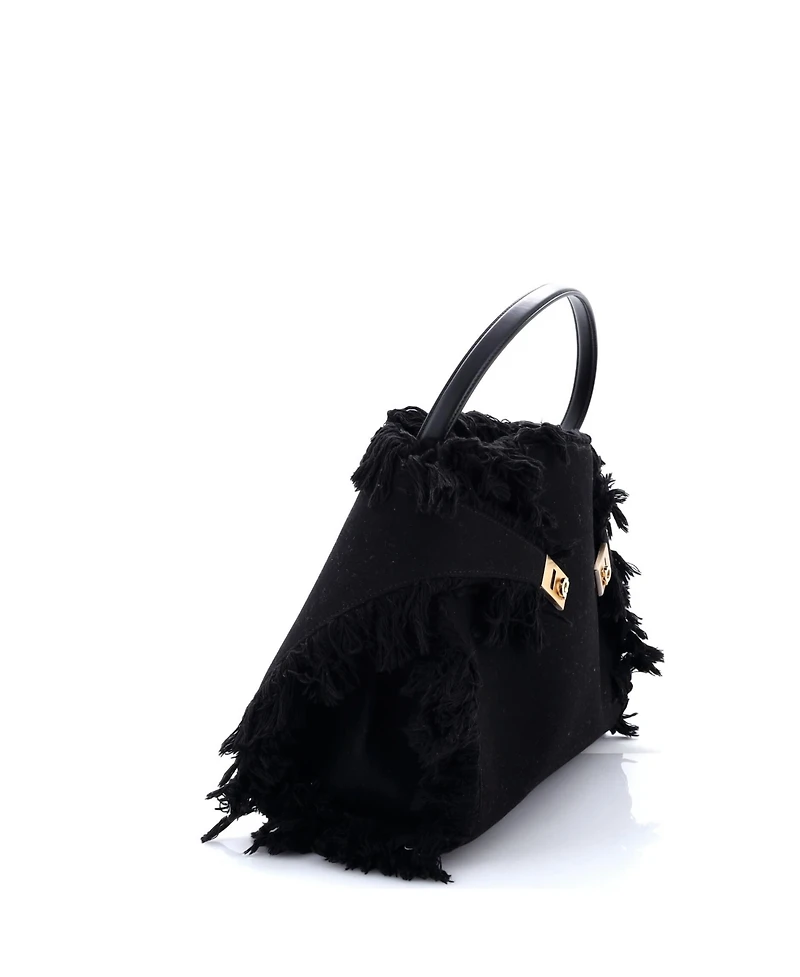 Pre-Owned Salvatore Ferragamo Large Hug Shoulder Bag Fringed Canvas and Leather