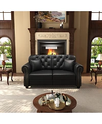 Maison Boucle 63'' Faux Leather Loveseat, Nailhead Tufted Chesterfield, Wood Frame