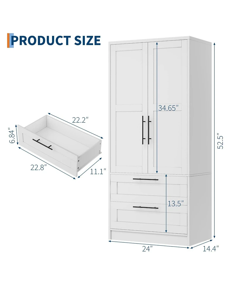 homfan Wooden Wardrobe Armoire with Drawers and Hanging Rod, Adjustable Shelf, Modern Closet Storage Cabinet for Bedroom, Dorm, Apartment