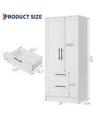 homfan Wooden Wardrobe Armoire with Drawers and Hanging Rod, Adjustable Shelf, Modern Closet Storage Cabinet for Bedroom, Dorm, Apartment
