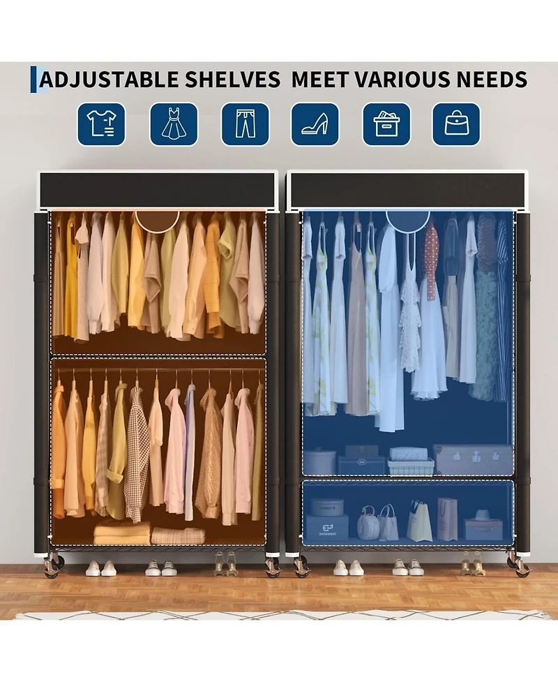homfan Clothes Rack with Cover, 485LBS Capacity, Portable Closet Wardrobe on Wheels, Carbon Steel, Dustproof, Clothes Racks for Hanging
