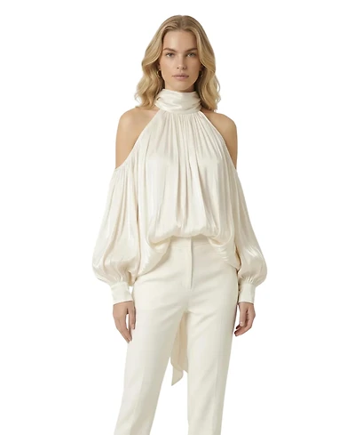 Modenaire Women's High-Neck Cold-Shoulder Draped Blouse