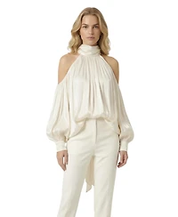 Modenaire Women's High-Neck Cold-Shoulder Draped Blouse