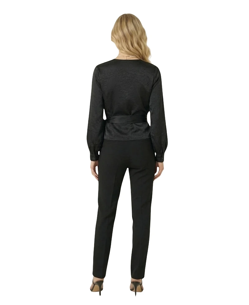 Modenaire Women's Lace-Trim V-Neck Wrap Tie-Detail Top
