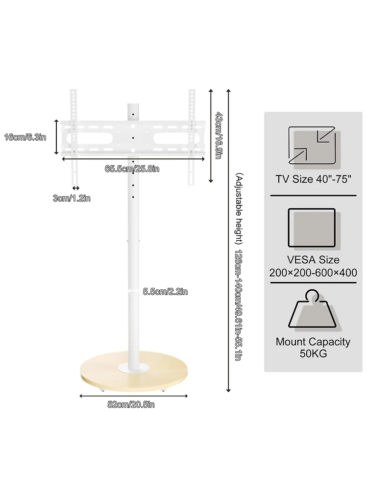 Unho Adjustable Mobile Floor Tv Stand for 40-75 Inch TVs Height Adjustable Rolling Mount Max Vesa 600400