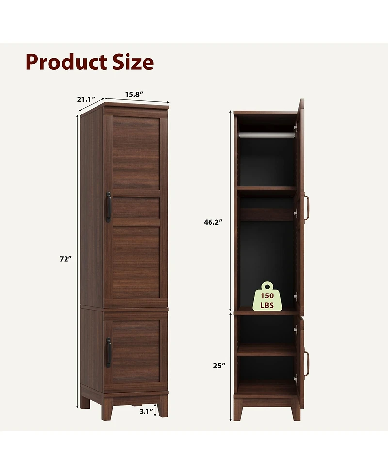 gaomon Heavy Duty Wooden Armoire Wardrobe Closet – 2 Doors, 72" Tall, Hanging Rod, 18 Adjustable Shelves, Narrow Bedroom Storage Organizer