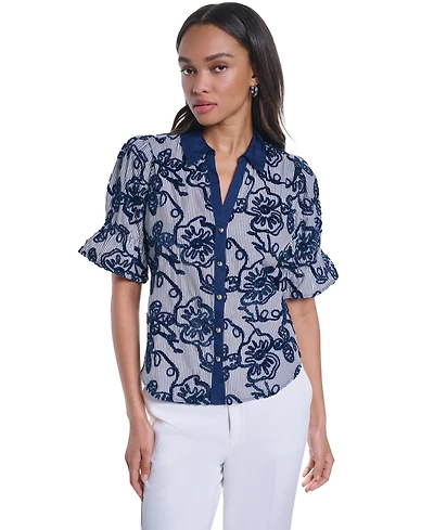 Karl Lagerfeld Paris Women's Velvet Embroidery Button-Front Blouse