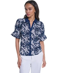 Karl Lagerfeld Paris Women's Velvet Embroidery Button-Front Blouse