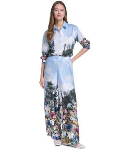 Karl Lagerfeld Paris Womens Printed Collared Neck Blouse Paris Scene Printed Pull On Pants