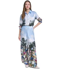 Karl Lagerfeld Paris Womens Printed Collared Neck Blouse Paris Scene Printed Pull On Pants