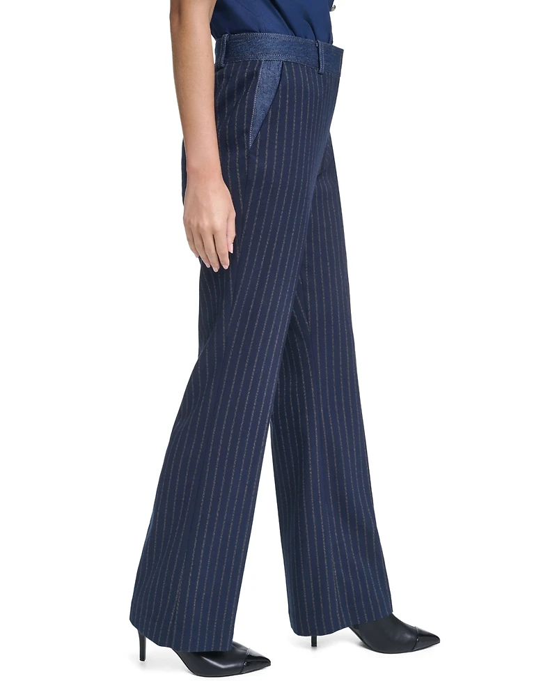 Karl Lagerfeld Paris Women's Striped Straight-Leg Denim Waistband Pants