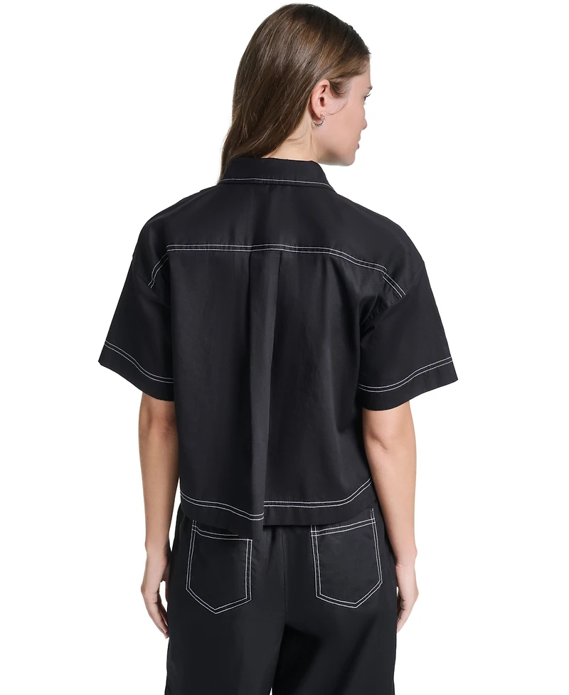 Karl Lagerfeld Paris Women's Cropped Poplin Button-Front Blouse
