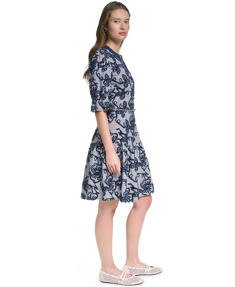 Karl Lagerfeld Paris Women's Velvet Embroidery 3/4-Sleeve Chain Belt Dress
