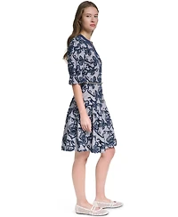 Karl Lagerfeld Paris Women's Velvet Embroidery 3/4-Sleeve Chain Belt Dress