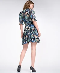 Karl Lagerfeld Paris Women's Metallic Crinkle Chain Belt Button-Front Dress