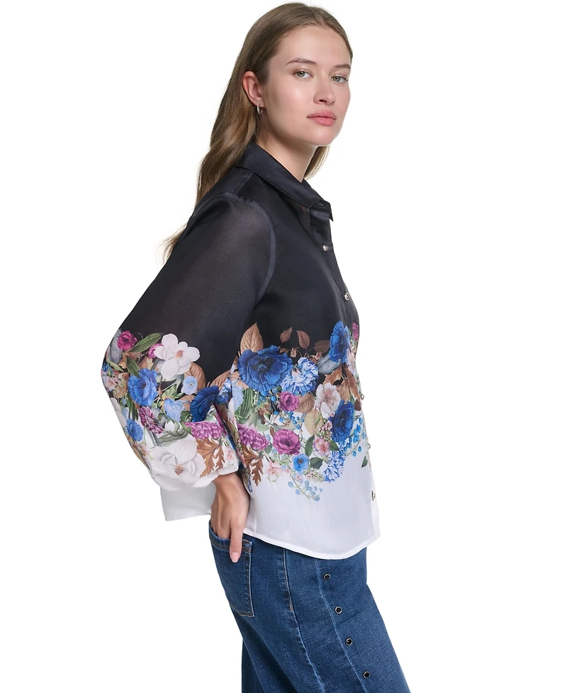 Karl Lagerfeld Paris Women's Printed Organza Puff-Sleeve Blouse