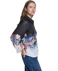 Karl Lagerfeld Paris Women's Printed Organza Puff-Sleeve Blouse