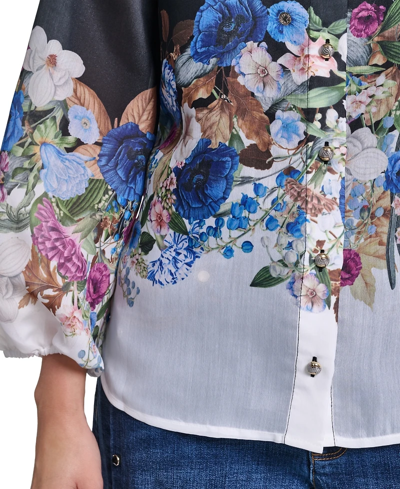 Karl Lagerfeld Paris Women's Printed Organza Puff-Sleeve Blouse