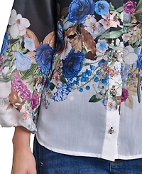 Karl Lagerfeld Paris Women's Printed Organza Puff-Sleeve Blouse