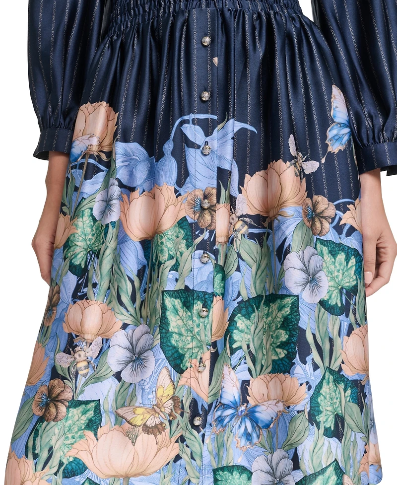 Karl Lagerfeld Paris Women's Striped Floral 3/4-Sleeve Button-Front Dress