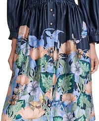 Karl Lagerfeld Paris Women's Striped Floral 3/4-Sleeve Button-Front Dress