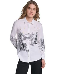 Karl Lagerfeld Paris Womens Parisian Graphics Long Sleeve Shirt
