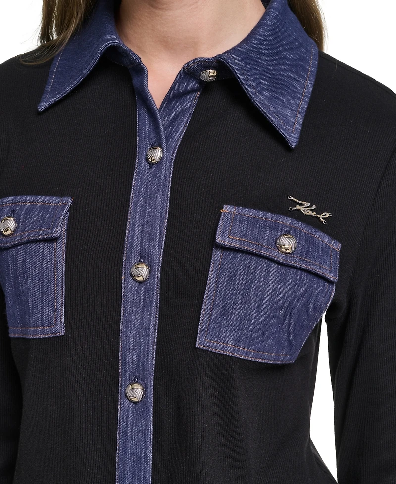 Karl Lagerfeld Paris Women's Denim Collar and Cuffs Knit Button-Up Sweater