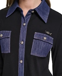 Karl Lagerfeld Paris Women's Denim Collar and Cuffs Knit Button-Up Sweater