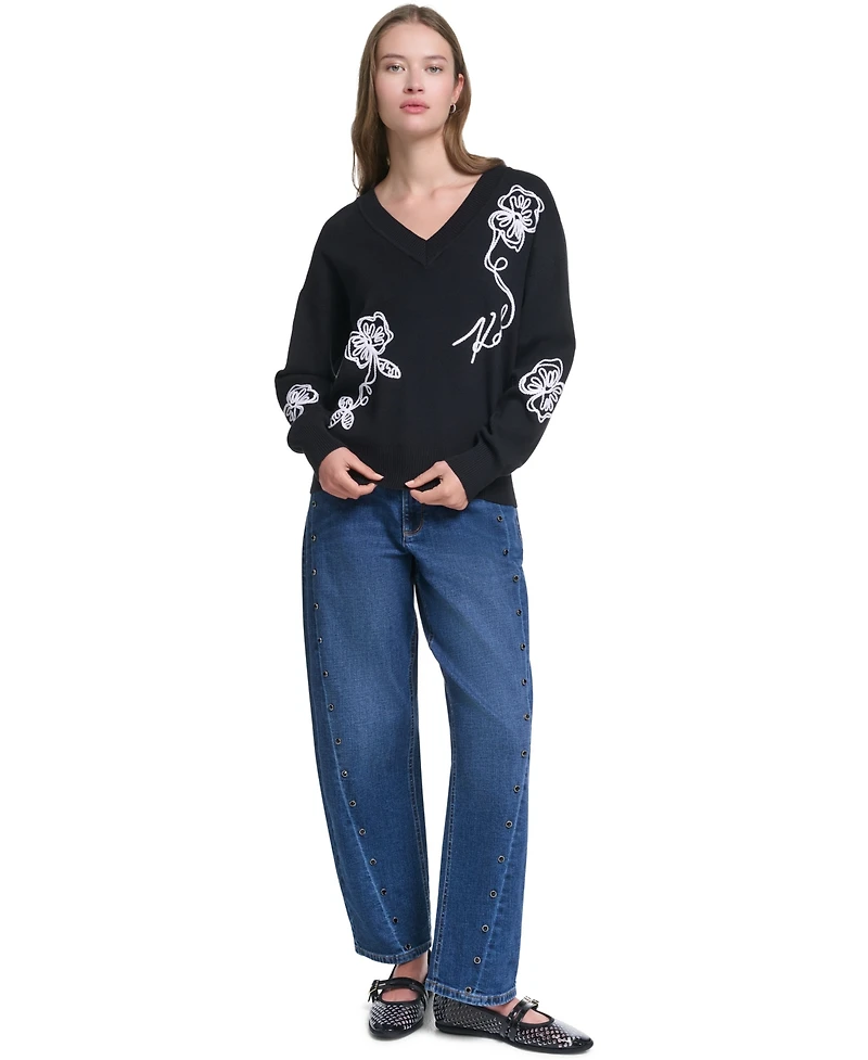 Karl Lagerfeld Paris Women's Floral Embroidery V-Neck Sweater
