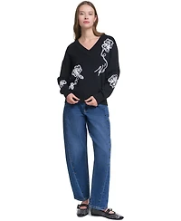 Karl Lagerfeld Paris Women's Floral Embroidery V-Neck Sweater