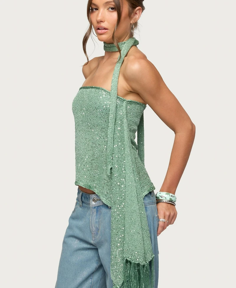 Edikted Women's Two-Piece Sequin Knit Scarf Top