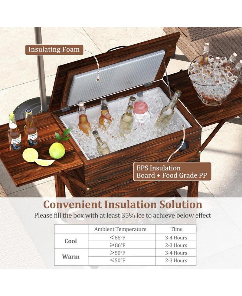 Sugift 54 Quart Wooden Patio Cooler Cart Rolling Ice Chest with Folding Side Shelves