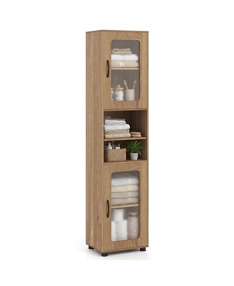 Costway Bathroom Cabinet, Slim Floor Storage Cabinet with 2 Fluted Doors,4 Rubber Feet
