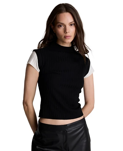 Kenneth Cole Women's Two-Tone Layered Ribbed Mock-Neck Sweater