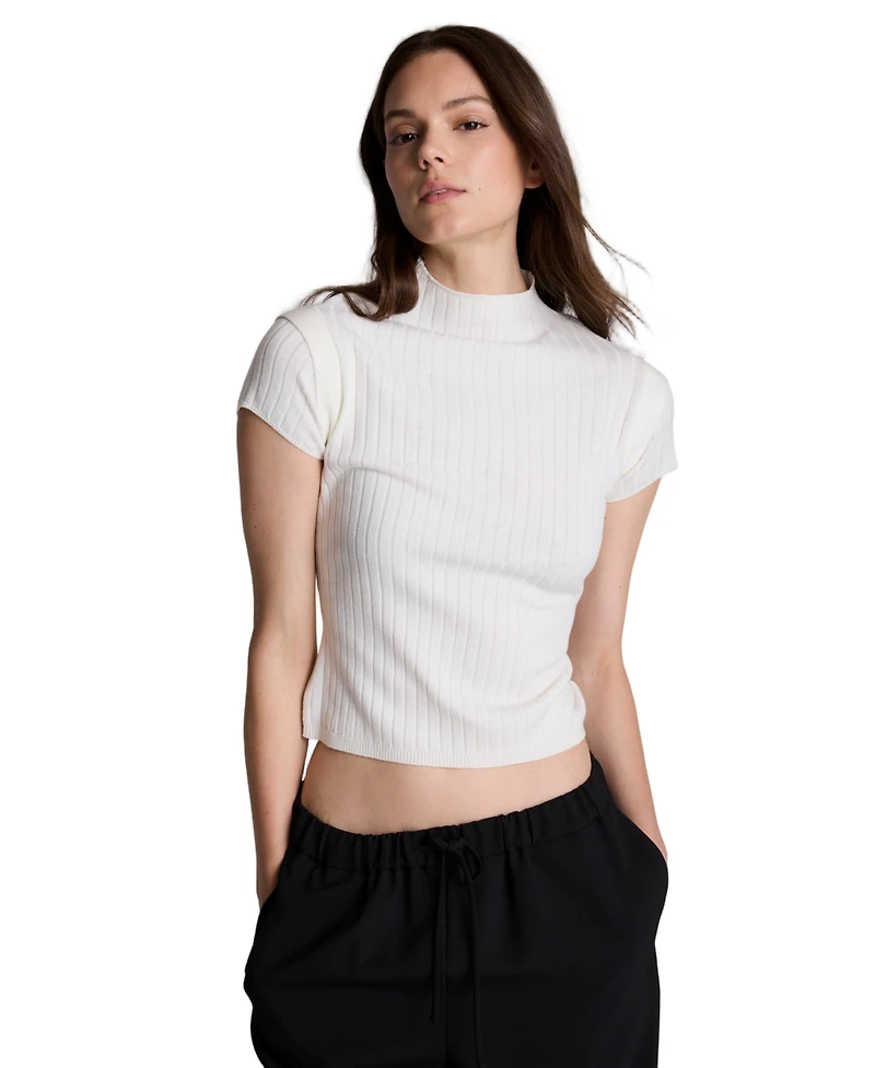 Kenneth Cole Women's Two-Tone Layered Ribbed Mock-Neck Sweater