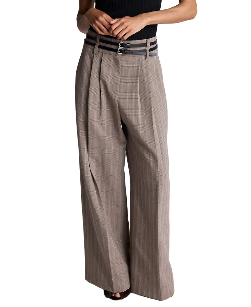 Kenneth Cole Women's High-Rise Double-Belt Pleated Wide-Leg Pants