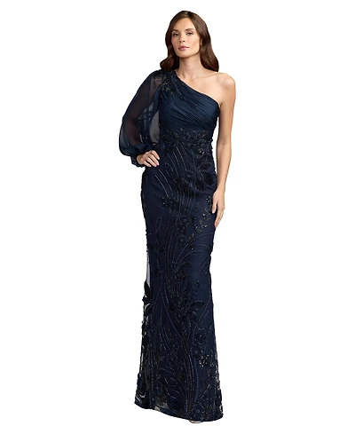 Mac Duggal Petite One Shoulder Chiffon Gown with Embroidered Floral Skirt